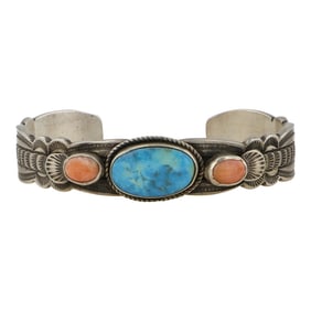 Dan Platero Navajo Turquoise & Coral Stamp-Work Bracelet