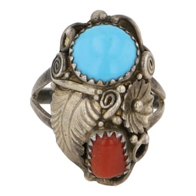 Vintage Navajo Turquoise & Coral Ring