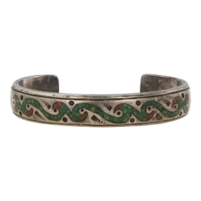 Vintage Navajo Turquoise & Coral Chip Inlay Cuff Bracelet