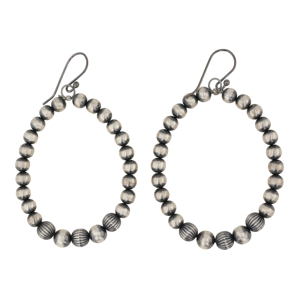 Navajo Oxidized Beads Hoop Earrings: Sterling Silver | | Navajo Oxidized Beads Hoop Earrings | Navajo Native American Southwest Indian Jewelry | Good (no breaks or damages) | Approximate Weight: 8 Grams | Earrings: .25" x 2.75" (each) |