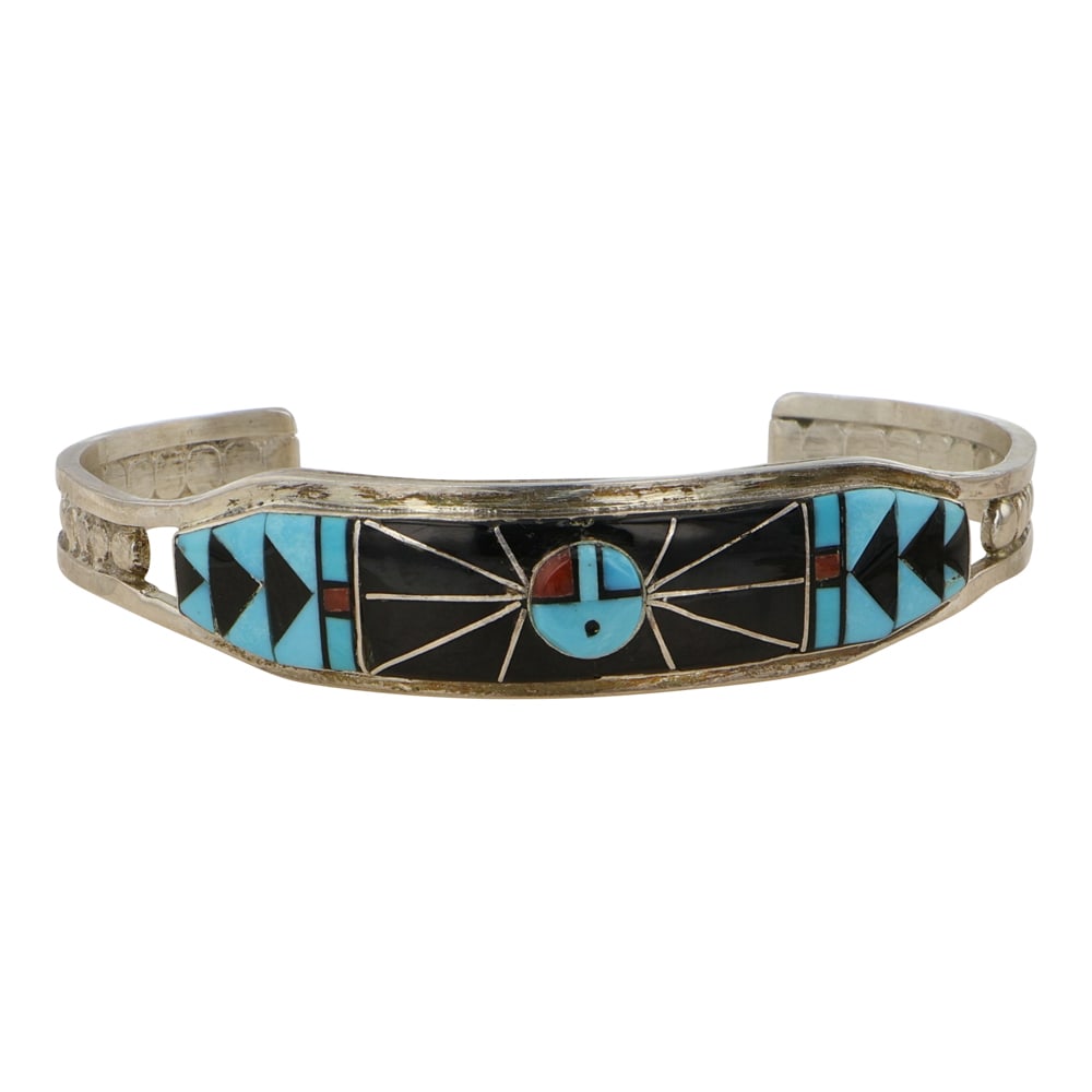 Ola Eriacho Zuni Sleeping Beauty Turquoise Coral & Acoma Jet Inlay Bracelet: Sterling Silver | Genuine Turquoise, Coral & Acoma Jet | Ola Eriacho Zuni Sleeping Beauty Turquoise Coral & Acoma Jet Inlay Bracelet | Zuni Native American Southwest Indian Jewelry | Good (no breaks o
