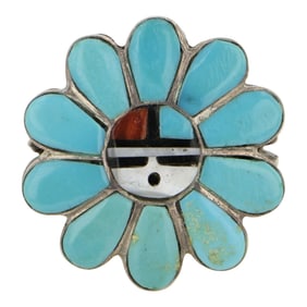 Zuni Turquoise Coral & Mother of Pearl Inlay Ring