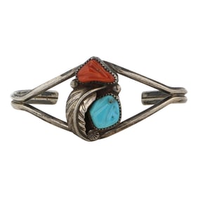 Vintage Zuni Turquoise & Coral Carved Leaf work Bracelet