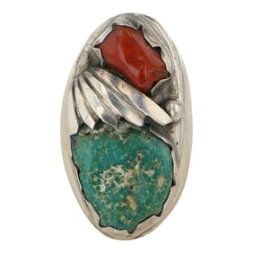 Vintage Navajo Turquoise & Coral Men's Ring