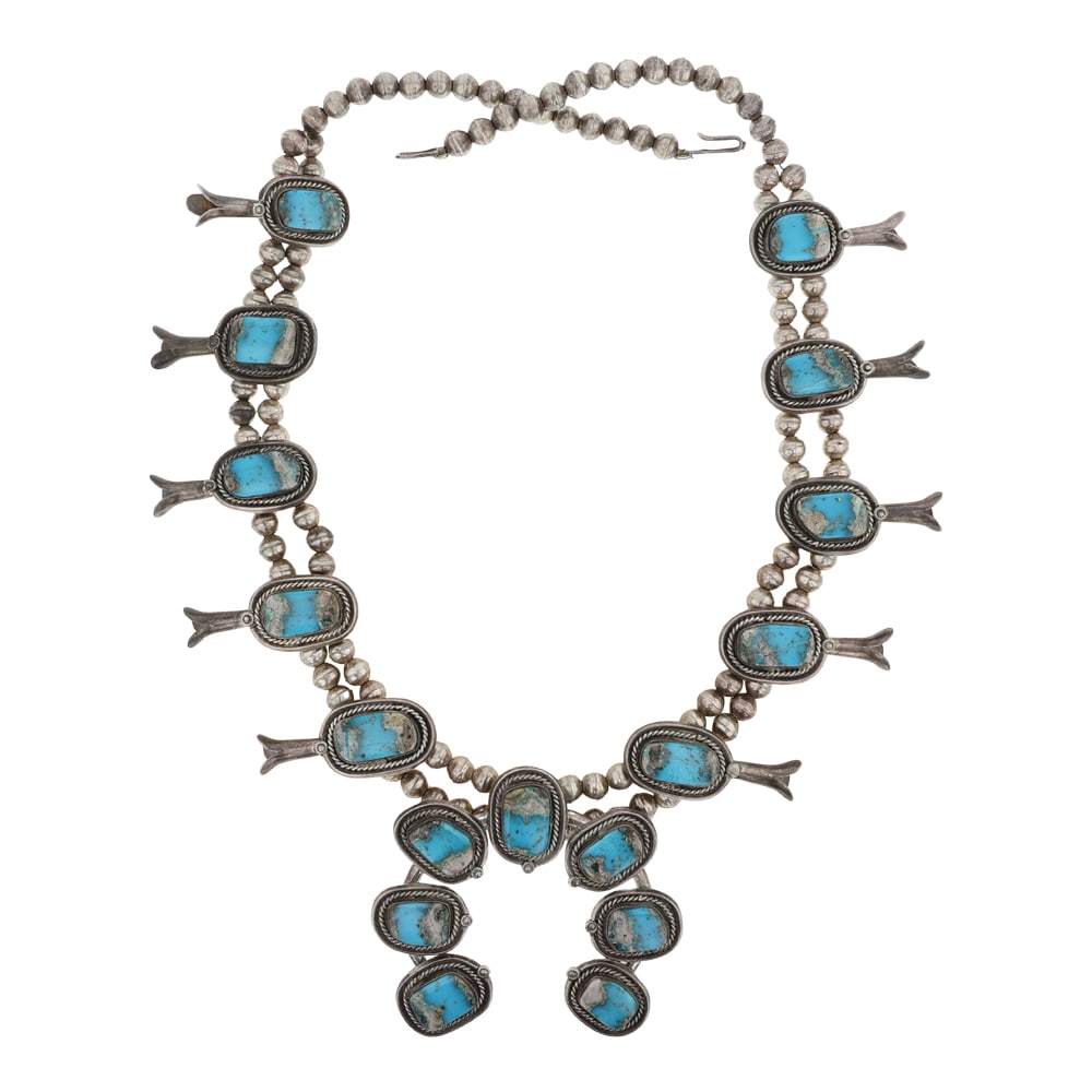 Vintage Navajo Turquoise Squash Blossom Necklace: Sterling Silver | Genuine Turquoise | Vintage Navajo Turquoise Squash Blossom Necklace | Navajo Native American Southwest Indian Jewelry | Good (no breaks or damages) | Approximate Weight: 198 Grams |