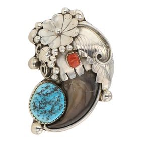 Navajo Turquoise & Coral Bear Claw Ring