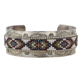 Navajo Sterling Silver Stamp-work & Glass Beadwork Bracelet