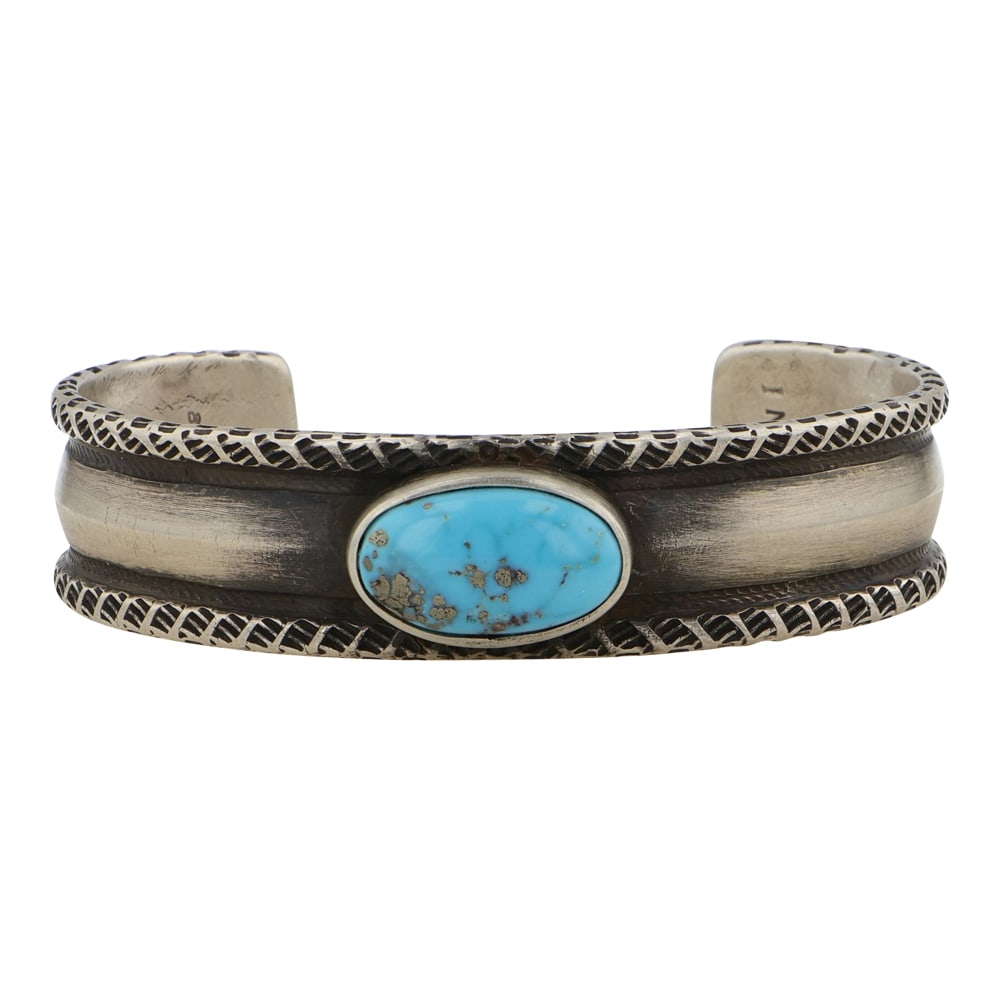 Gabriel Natan Renowned Navajo artist traditional Rolled Ingot method Morenci turquoise cuff bracelet: Ingot Silver | Genuine Morenci Turquoise | Gabriel Natan Renowned Navajo artist traditional Rolled Ingot method Morenci turquoise cuff bracelet | Navajo Native American Southwest Indian Jewelry | Good