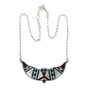Zuni Turquoise Coral Mother of Pearl & Acom Jet Inlay Necklace