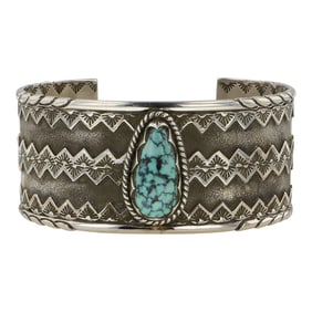 Navajo Stamp-Work Spiderweb Turquoise Cuff Bracelet