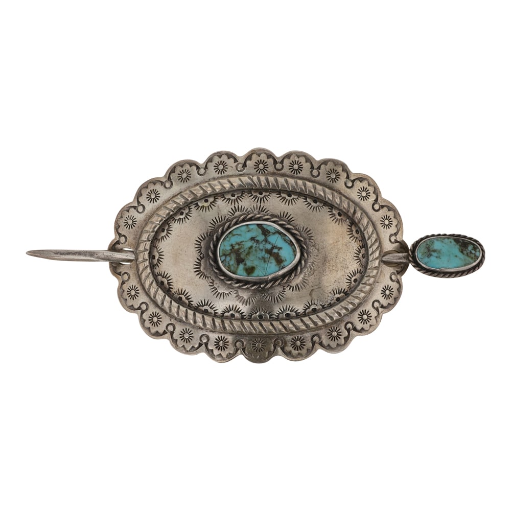 Emerson Kinzel Navajo Nevada Turquoise Hair Barrette: Sterling Silver | Genuine Nevada Turquoise | Emerson Kinzel Navajo Nevada Turquoise Hair Barrette | Navajo Native American Southwest Indian Jewelry | Good (no breaks or damages) | Approximate Weight: