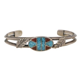 Navajo Turquoise & Coral Chip Inlay Bracelet