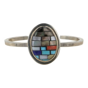 Charlene Reano Well Known Santo Domingo Turquoise Lapis Coral Mother of Pearl & Shell Inlay Bracelet