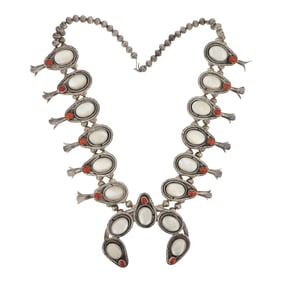 1970's Vintage Navajo Mother of Pearl & Mediterranean Coral Squash Blossom Necklace