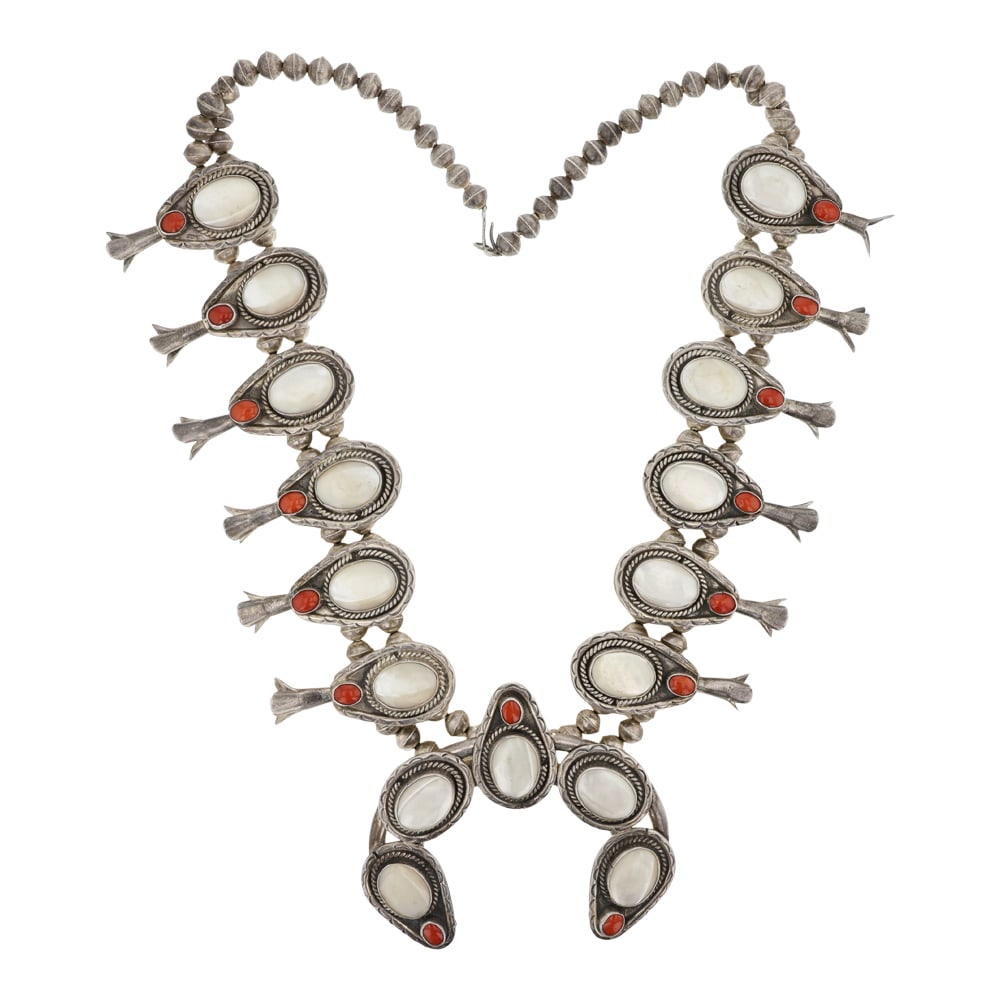 1970's Vintage Navajo Mother of Pearl & Mediterranean Coral Squash Blossom Necklace (1 of 4)