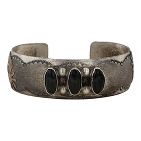 Vintage Navajo Sterling Silver & 12K Gold Filled Black Onyx Bracelet