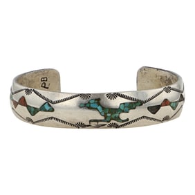 Vintage Navajo Turquoise & Coral Chip Inlay Bracelet