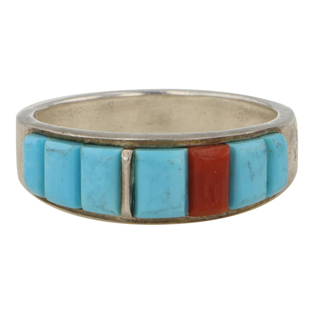 Navajo Turquoise & Coral Inlay Ring: Sterling Silver | Genuine Turquoise & Coral | Navajo Turquoise & Coral Inlay Ring | Navajo Native American Southwest Indian Jewelry | Good (no breaks or damages) | Approximate Weight: 8 Grams | Ring: 