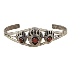 Navajo Mediterranean Coral Bear Paw Bracelet