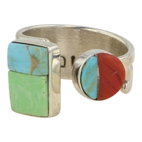 Abraham Peina Well Known Contemporary Zuni Artist Turquoise & Mediterranean Coral Ring