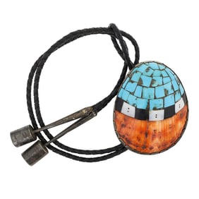 Vintage Santo Domingo Turquoise Spiny Oyster Acoma Jet Mother of Pearl Large Shell Bolo Tie