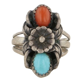 Vintage Navajo Turquoise & Coral Ring