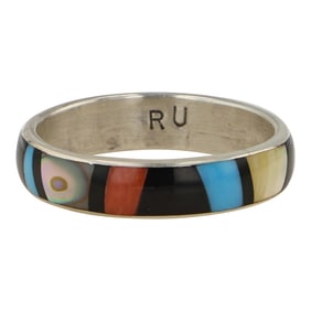 Zuni Turquoise Coral Acoma Jet & Shell Inlay Ring