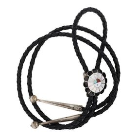 Zuni Turquoise Coral Acoma Jet & Mother of Pearl Inlay Bolo Tie