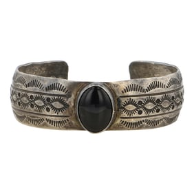 Lyle Secatero Navajo Black Onyx Stamp-Work Bracelet