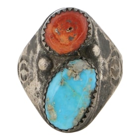 Vintage Navajo Turquoise & Coral Men's Ring