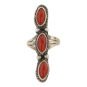 Vintage Navajo Mediterranean Coral Three Stone Cluster Bracelet
