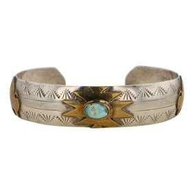 Genevieve Jones Navajo Nevada Turquoise Sterling Silver & 12K Gold Filled Bracelet