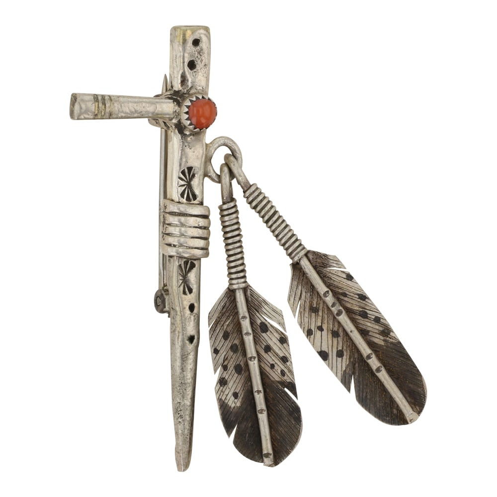 Vintage Navajo Mediterranean Coral Tomahawk Geather Pin (1 of 2)