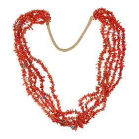 Vintage Navajo Mediterranean Coral & Turquoise Five Strand Necklace