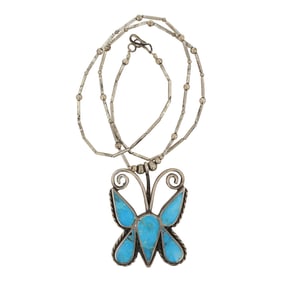 Vintage Navajo Kingman Turquoise Inlay Butterfly Necklace