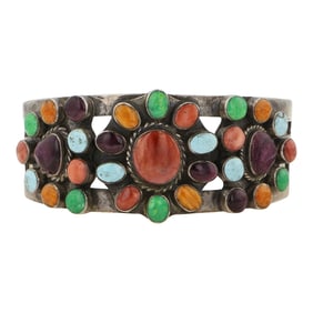 Navajo Turquoise & Spiny Oyster Multi Color Cluster Cuff Bracelet