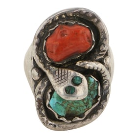 Vintage Zuni Turquoise & Coral Snake Men's Ring