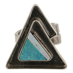 Dylan Poblano Award Winning Zuni Artist Turquoise & Mother of Pearl Geometric Ring