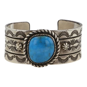 Navajo Blue Gem Turquoise Stamp-work Bracelet