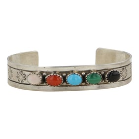 Navajo Turquoise Coral Malachite Black Onyx & Pink Shell Cuff Bracelet