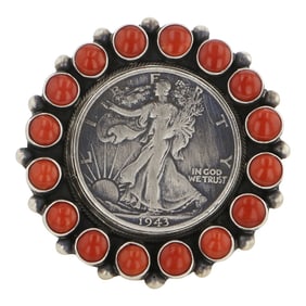 Kathleen Livingston Navajo Mediterranean Coral & Walking Liberty Half Dollar Coin Adjustable Large