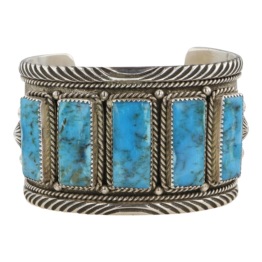 Pete Johnson Navajo Blue Ridge Turquoise Large Detailed Cuff Bracelet (1 of 4)