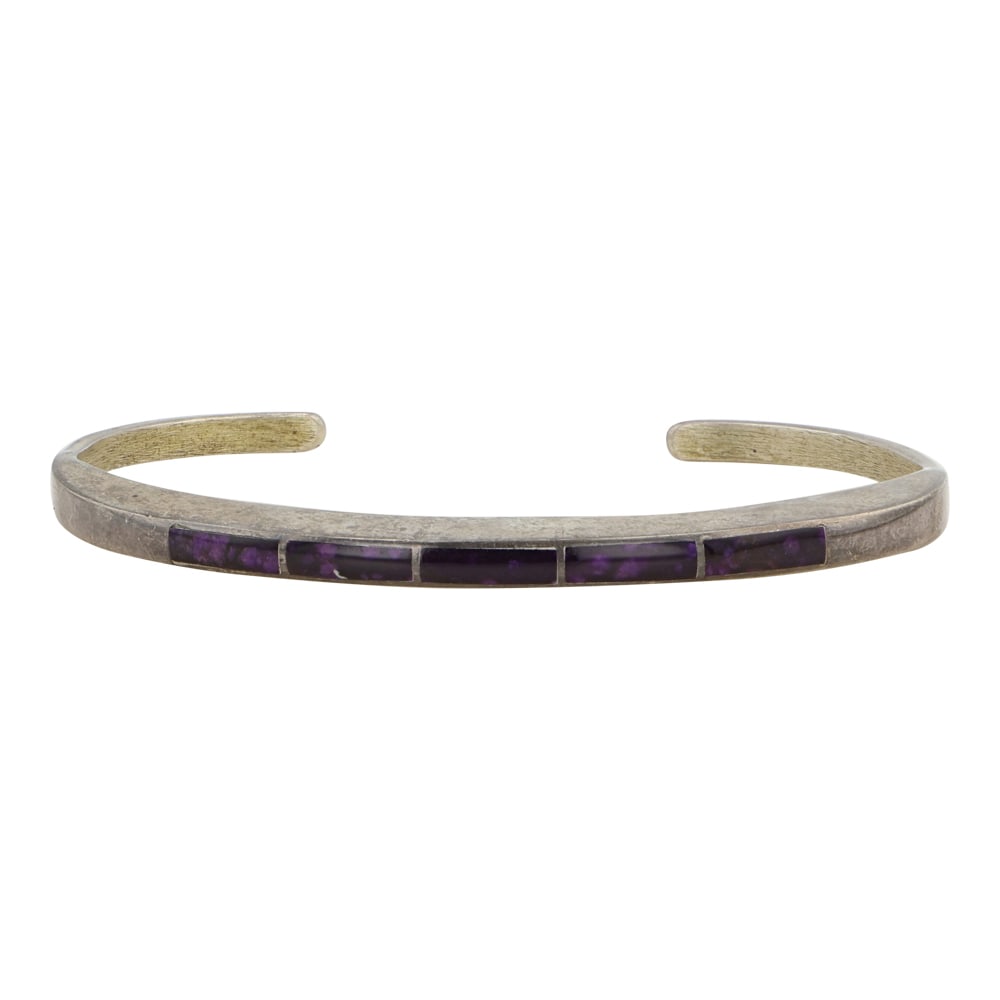 Roderick and Lela Kaskalla Vintage Zuni Sugilite Inlay Bracelet: Sterling Silver | Genuine Sugilite | Roderick and Lela Kaskalla Vintage Zuni Sugilite Inlay Bracelet | Zuni Native American Southwest Indian Jewelry | Good (no breaks or damages) | Approximate Weight: