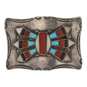 Vintage Zuni Turquoise Coral & Mother of Pearl Inlay Belt Buckle