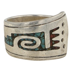 Vintage Navajo Turquoise & Coral Chip Inlay Ring