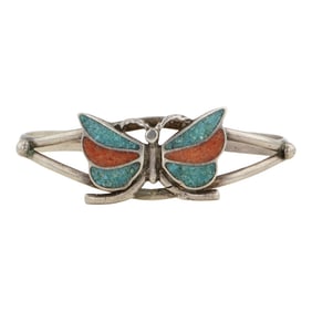 Vintage Navajo Turquoise & Coral Chip Inlay Butterfly Bracelet