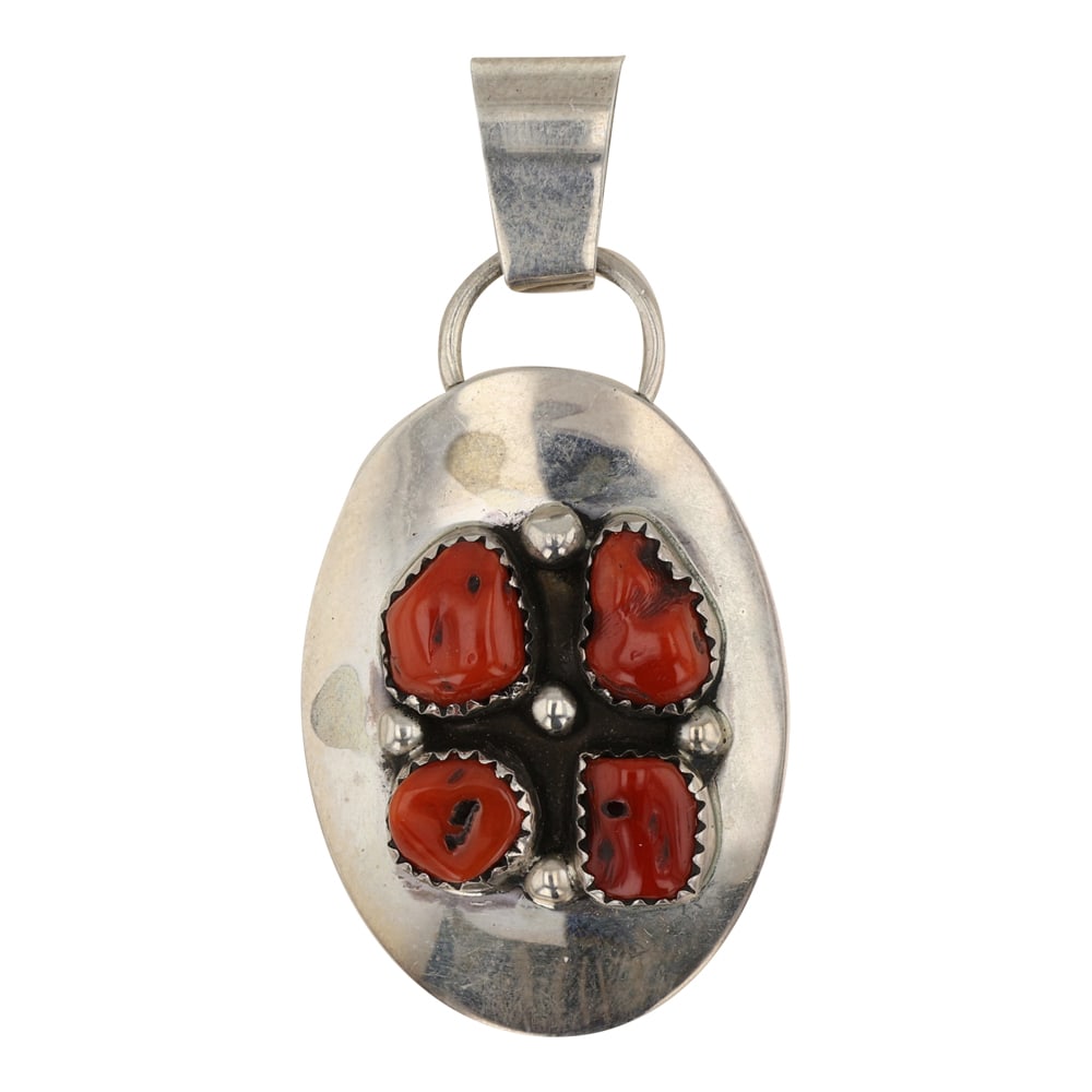 Navajo Mediterranean Coral Pendant: Sterling Silver | Genuine Mediterranean Coral | Navajo Mediterranean Coral Pendant | Navajo Native American Southwest Indian Jewelry | Good (no breaks or damages) | Approximate Weight: 6 Grams | Penda