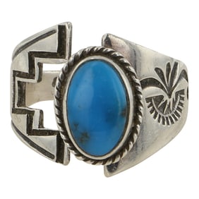 Leanord Platero Navajo Blue Gem Turquoise Contemporary Adjustable Ring