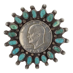 Vintage Navajo Nevada Turquoise & 1972 Eisenhower Dollar Cluster Pin