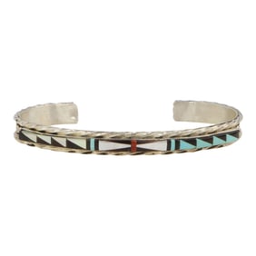 Bowannie " SHEWE" Zuni Turquoise Coral Mother of Pearl & Acoma Jet Inlay Bracelet